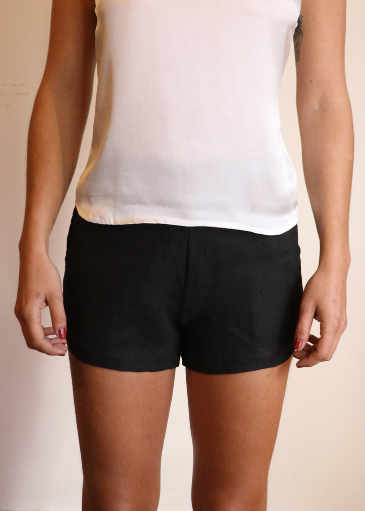 100% Linen certified sustainable clothing. Eco friendly apparel in our organic linen shorts and organic silk tank.