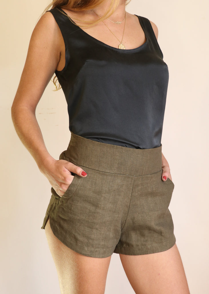 100% Linen certified sustainable clothing. Eco friendly apparel in our organic linen shorts and organic silk tank.