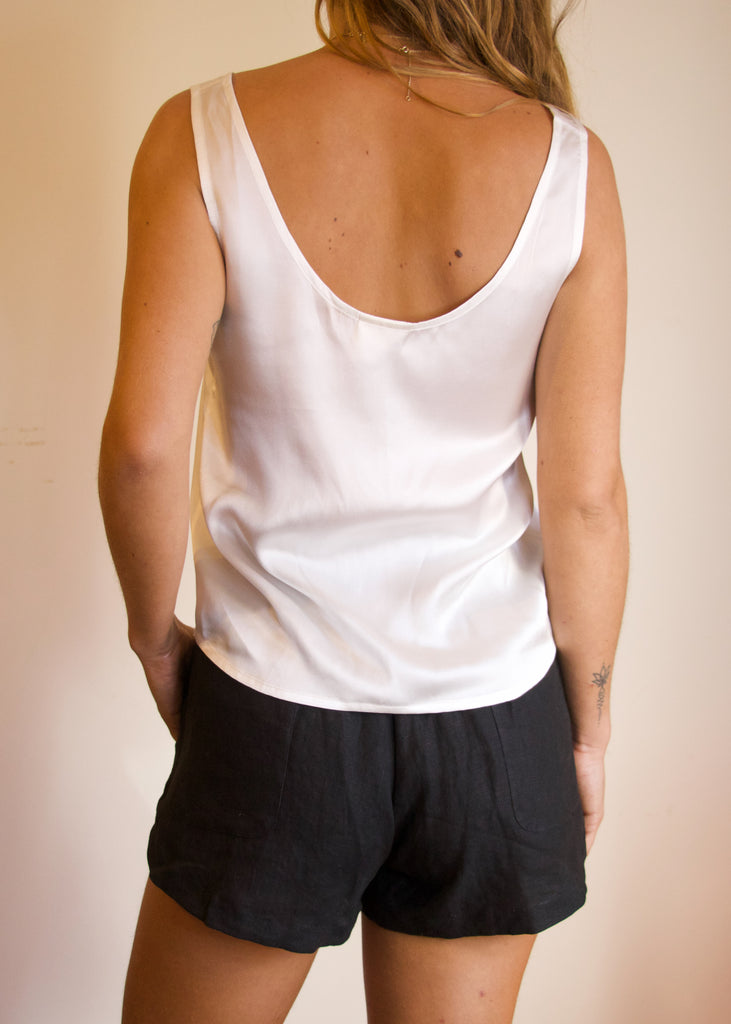 100% Linen certified sustainable clothing. Eco friendly apparel in our organic linen shorts and organic silk tank.