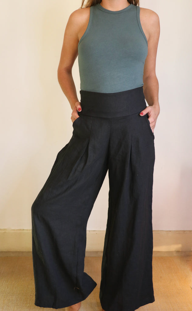 100% Linen certified sustainable clothing. Eco friendly apparel in our organic linen wide leg pants.
