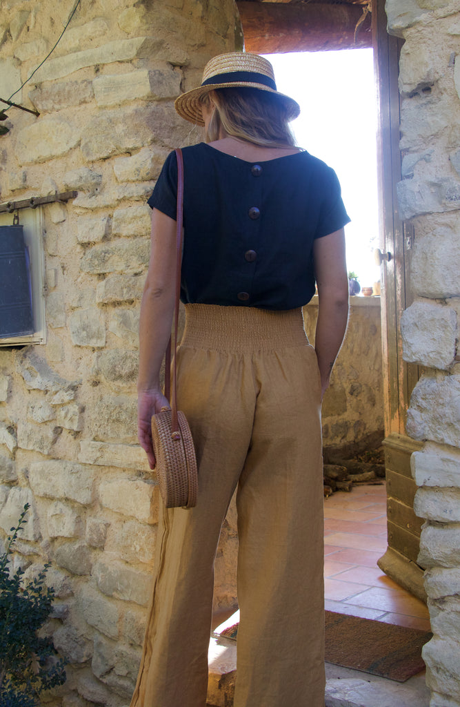 100% Linen certified sustainable clothing. Eco friendly apparel in our organic linen wide leg pants and linen blouse.