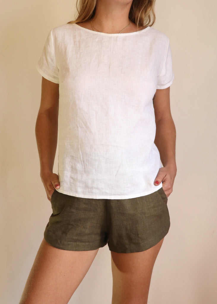 100% Linen certified sustainable clothing. Eco friendly apparel in our organic linen button back blouse and organic linen shorts with pockets.